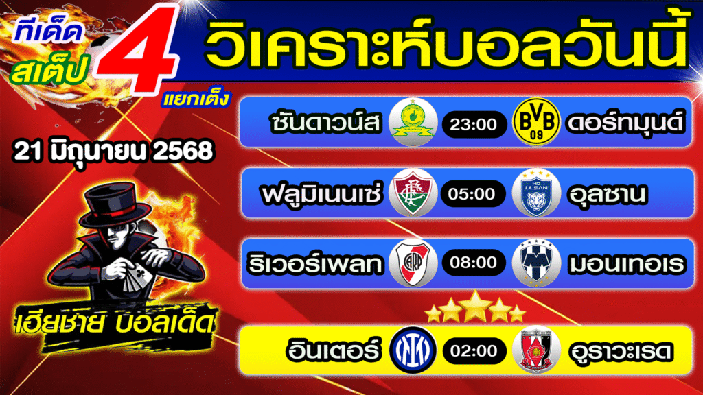 ทีเด็ดบอลเต็ง บอลสเต็ป วิเคราะห์บอลวันนี้ [ 21 มิ.ย. 68] เฮียชายบอลสเต็ป