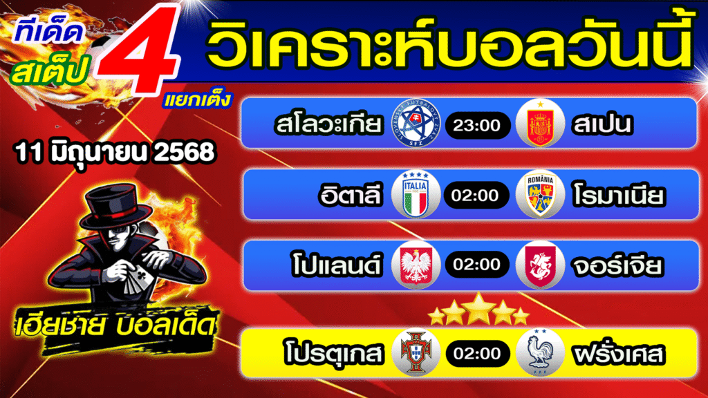 ทีเด็ดบอลเต็ง บอลสเต็ป วิเคราะห์บอลวันนี้ [ 11 มิ.ย. 68] เฮียชายบอลสเต็ป