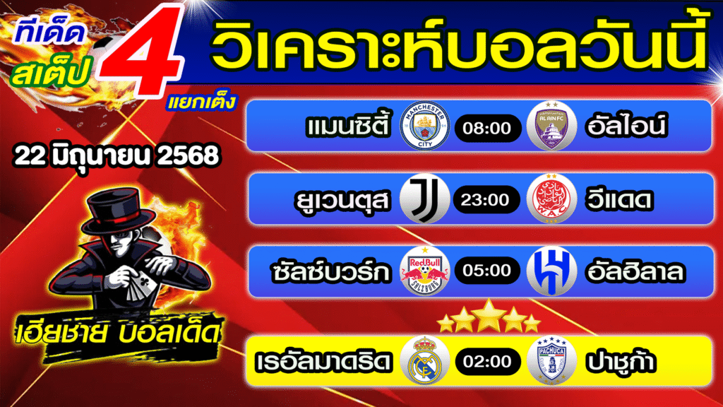 ทีเด็ดบอลเต็ง บอลสเต็ป วิเคราะห์บอลวันนี้ [ 22 มิ.ย. 68] เฮียชายบอลสเต็ป