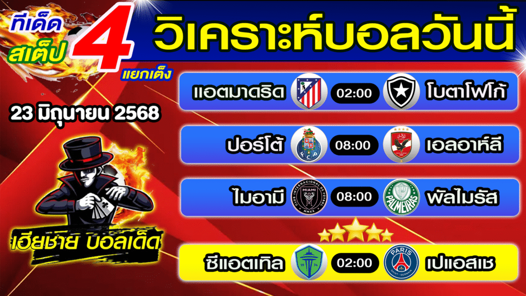 ทีเด็ดบอลเต็ง บอลสเต็ป วิเคราะห์บอลวันนี้ [ 23 มิ.ย. 68] เฮียชายบอลสเต็ป