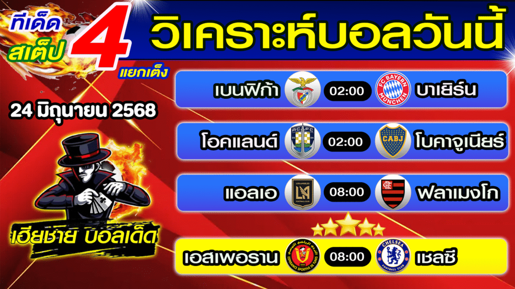 ทีเด็ดบอลเต็ง บอลสเต็ป วิเคราะห์บอลวันนี้ [ 24 มิ.ย. 68] เฮียชายบอลสเต็ป