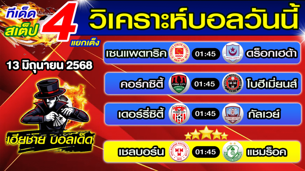 ทีเด็ดบอลเต็ง บอลสเต็ป วิเคราะห์บอลวันนี้ [ 13 มิ.ย. 68] เฮียชายบอลสเต็ป