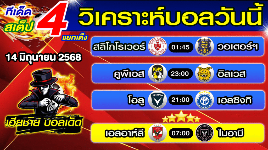 ทีเด็ดบอลเต็ง บอลสเต็ป วิเคราะห์บอลวันนี้ [ 14 มิ.ย. 68] เฮียชายบอลสเต็ป