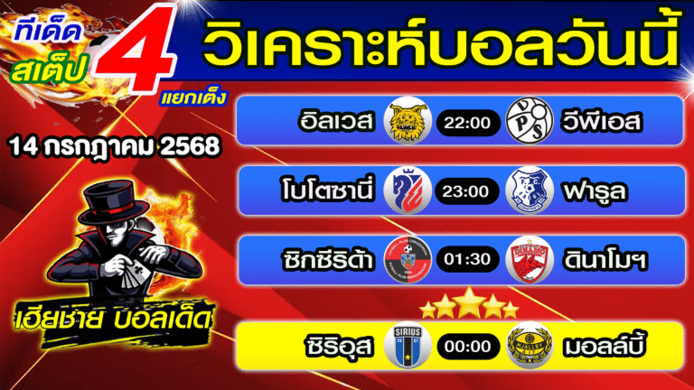 ทีเด็ดบอลสเต็ป วิเคราะห์บอลวันนี้ [ 14 ก.ค. 68 ] เฮียชายบอลสเต็ป
