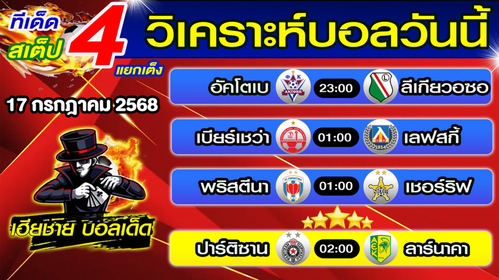 ทีเด็ดบอลสเต็ป วิเคราะห์บอลวันนี้ [ 17 ก.ค. 68 ] เฮียชายบอลสเต็ป