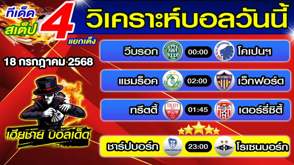 ทีเด็ดบอลสเต็ป วิเคราะห์บอลวันนี้ [ 18 ก.ค. 68 ] เฮียชายบอลสเต็ป