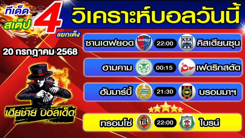 ทีเด็ดบอลสเต็ป วิเคราะห์บอลวันนี้ [ 20 ก.ค. 68 ] เฮียชายบอลสเต็ป