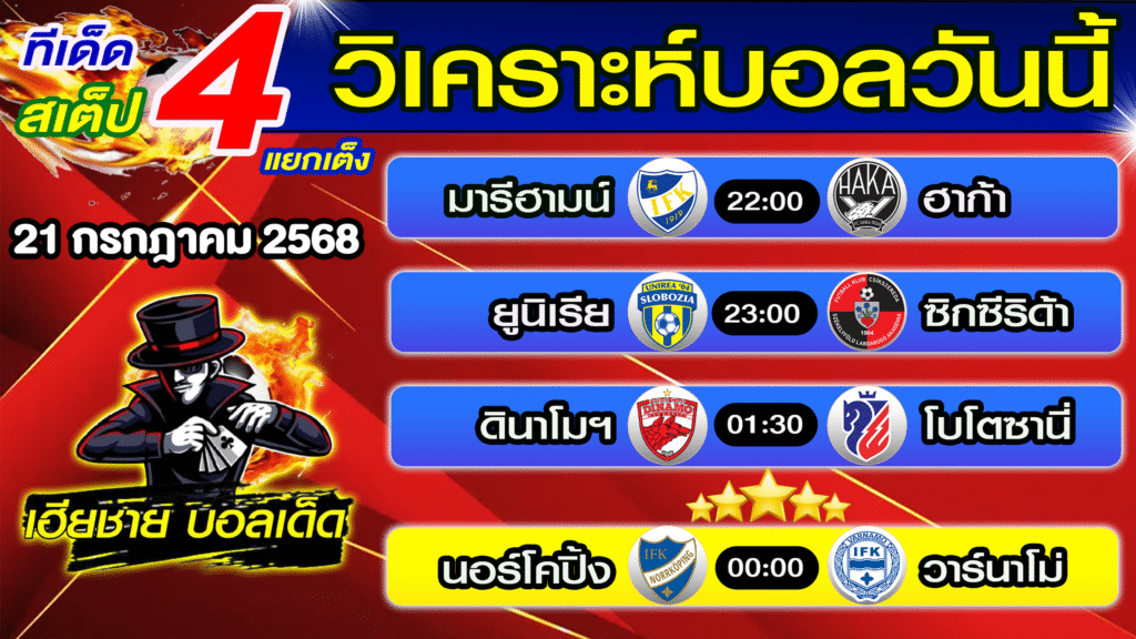 ทีเด็ดบอลสเต็ป วิเคราะห์บอลวันนี้ [ 21 ก.ค. 68 ] เฮียชายบอลสเต็ป