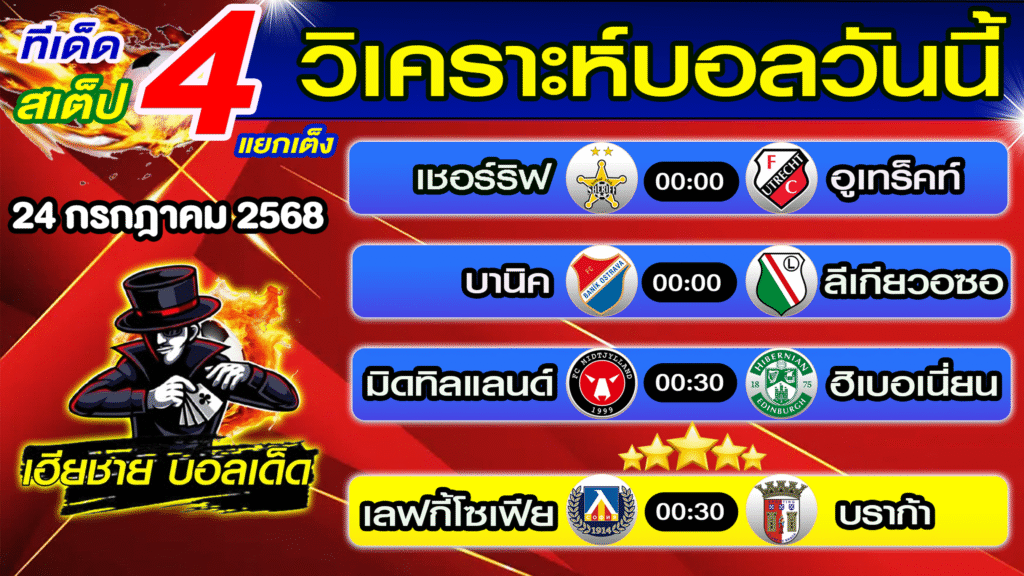 ทีเด็ดบอลสเต็ป วิเคราะห์บอลวันนี้ [ 24 ก.ค. 68 ] เฮียชายบอลสเต็ป