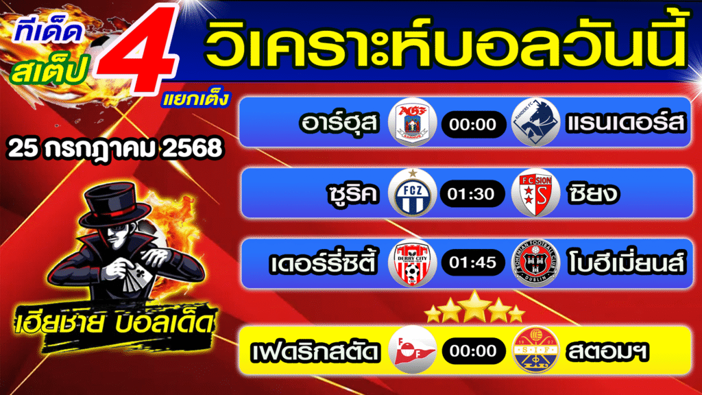 ทีเด็ดบอลสเต็ป วิเคราะห์บอลวันนี้ [ 25 ก.ค. 68 ] เฮียชายบอลสเต็ป