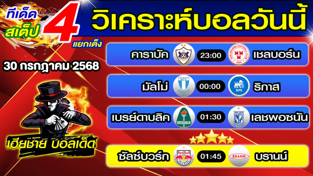 ทีเด็ดบอลสเต็ป วิเคราะห์บอลวันนี้ [ 30 ก.ค. 68 ] เฮียชายบอลสเต็ป