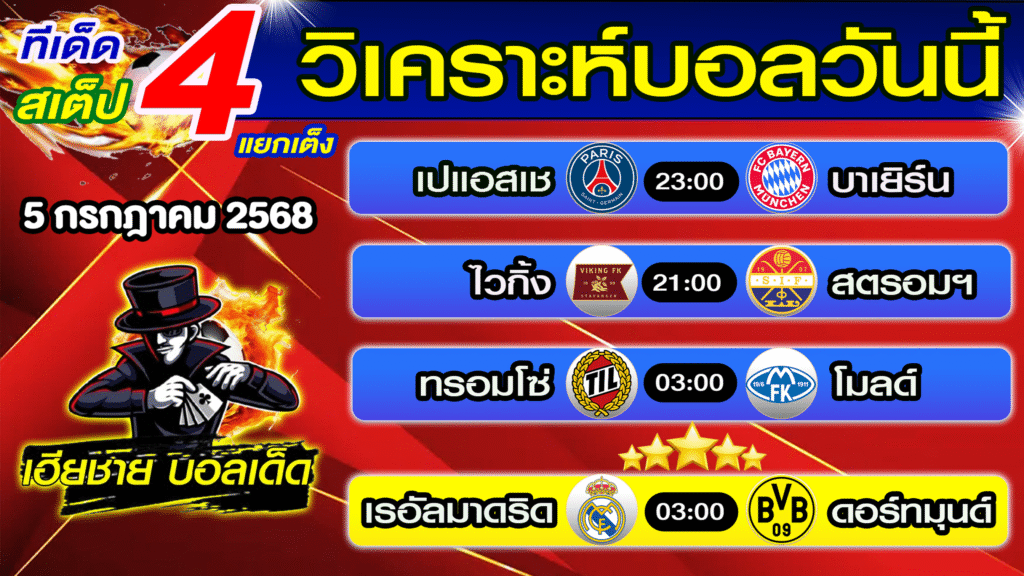 ทีเด็ดบอลสเต็ป วิเคราะห์บอลวันนี้ [ 5 ก.ค. 68 ] เฮียชายบอลสเต็ป