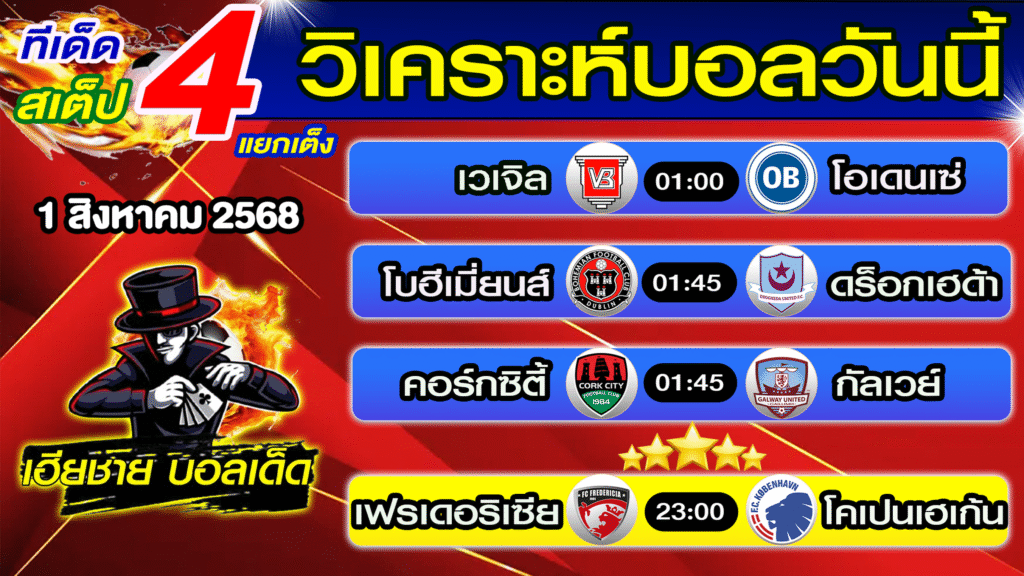 ทีเด็ดบอลสเต็ป วิเคราะห์บอลวันนี้ [ 1 ส.ค. 68 ] เฮียชายบอลสเต็ป